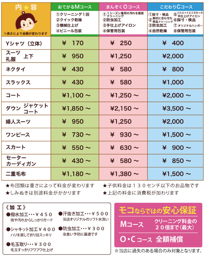 料金表|★布団類は重さによって料金が変わります★しみぬきは別途料金がかかります★子供料金は130センチ以下のお品物です★上記の料金に消費税が加わります